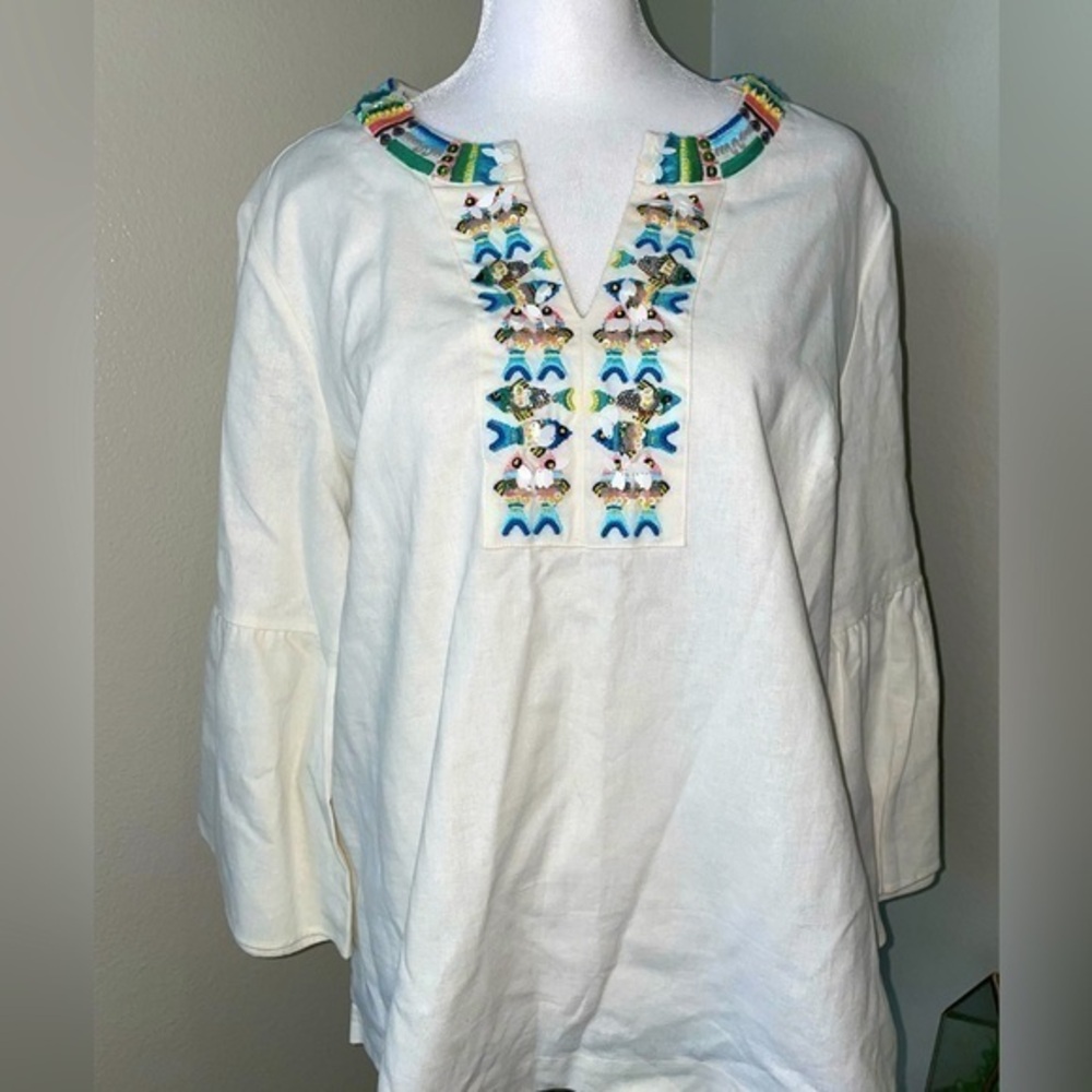 Peck & Peck white embroidery & sequin notch neck bell sleeve tunic S